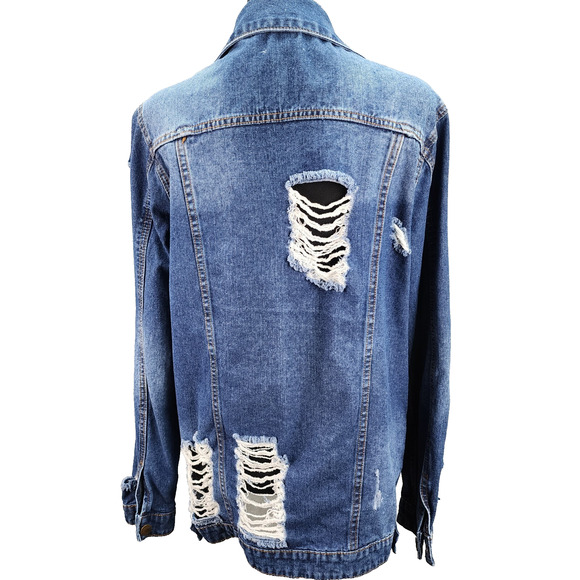 Mono B Longline Denim Jacket Women’s Large Distressed Destroyed Blue Jean Coat - Picture 3 of 14
